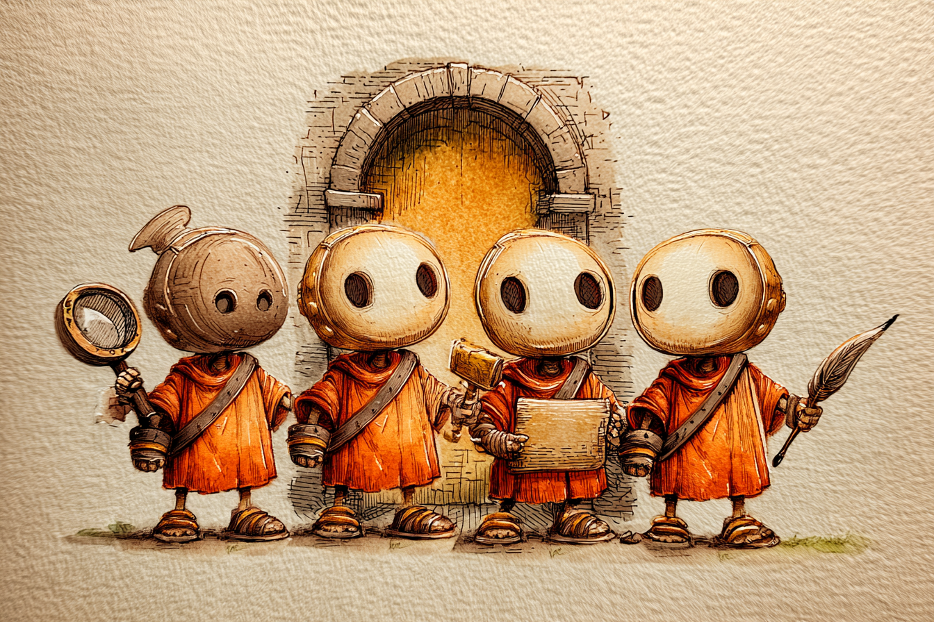 Five helpers standing ready at a stone archway